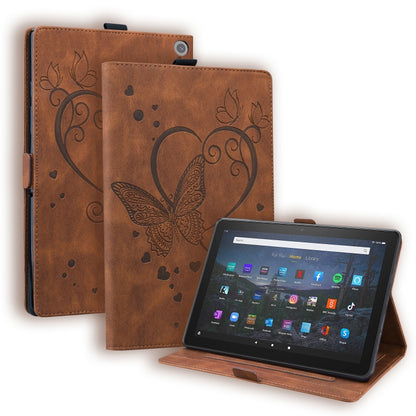 Brown leather tablet case with butterfly heart pattern, flip cover stand, sleep/wake