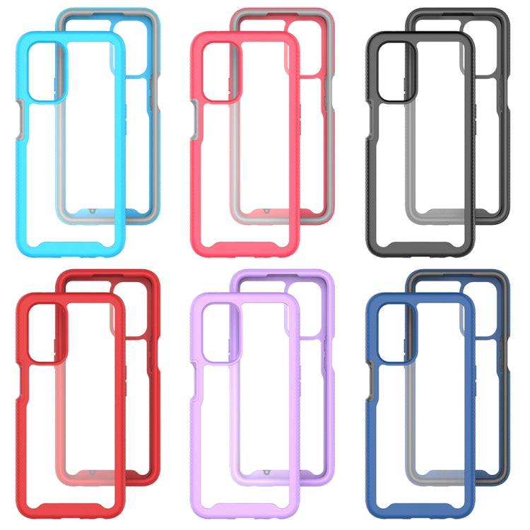 Assorted shockproof phone cases in light blue, red, black, and purple with camera cutouts