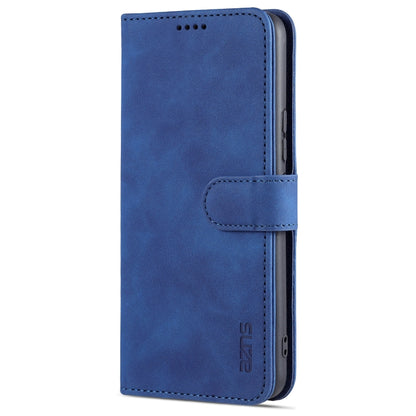 Blue leather flip phone case with card slot tab and side cutouts