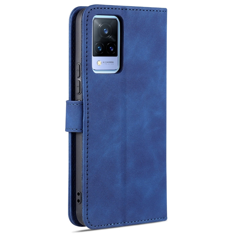 Blue leather flip phone case with camera cutout and card slots
