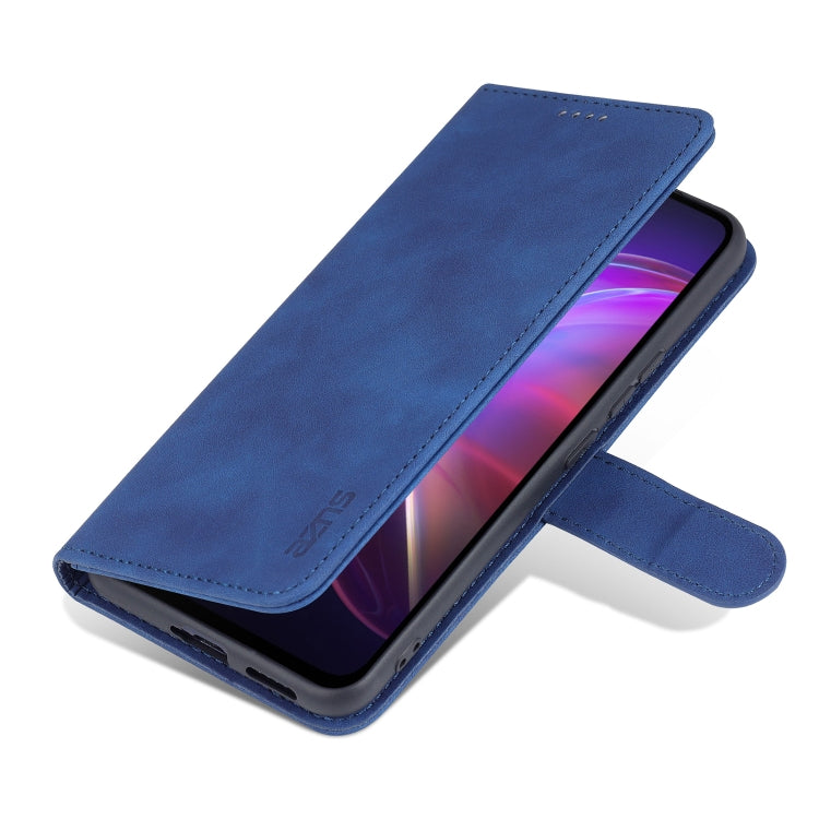 Blue leather flip phone case with stand strap and side charging cutout