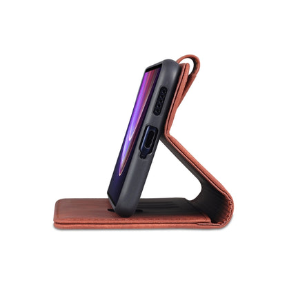 Brown leather flip phone case with card slots and protective cover