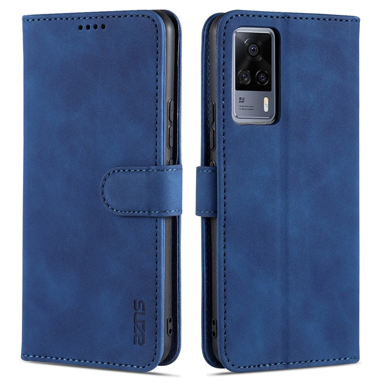 Blue leather flip phone case with card slots and holder, dual view