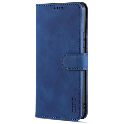 Blue leather flip phone case with card slots and holder, front view