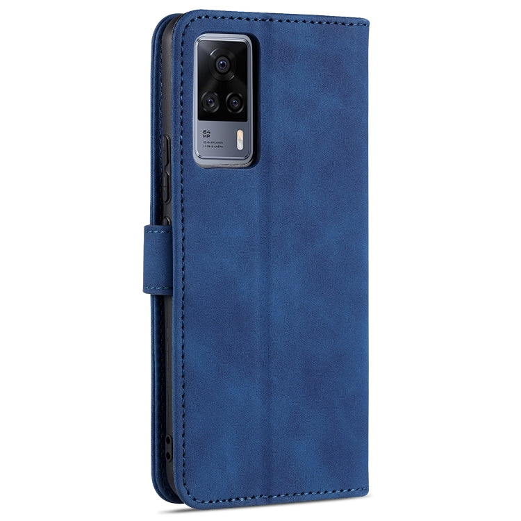 Blue leather flip phone case with card slots and holder, camera cutout view