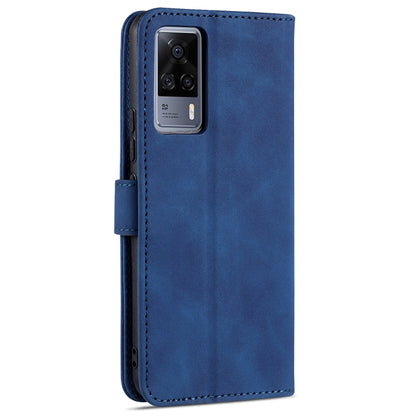 Blue leather flip phone case with card slots and holder, camera cutout view