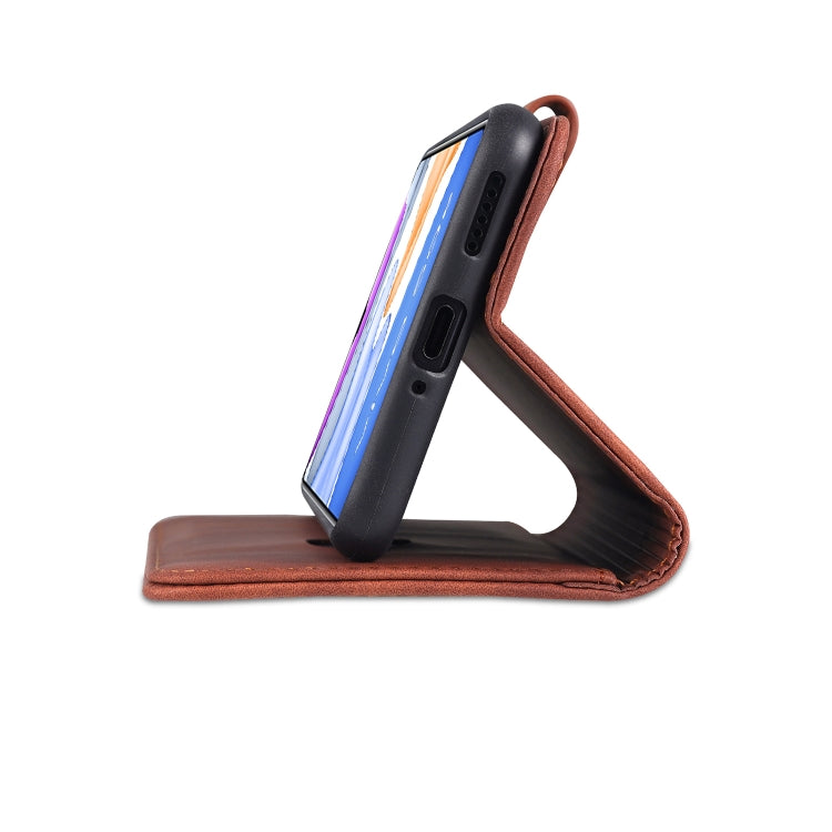 Brown leather flip phone case with card slots and holder, folded stand angle