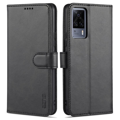 Black leather flip phone case with card slots and holder, dual-sided view