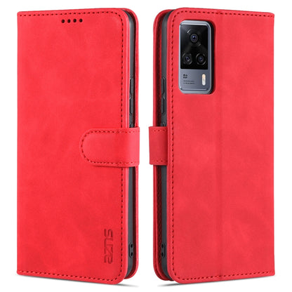 Red leather flip phone case with card slots and holder, dual view