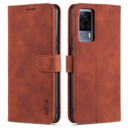 Brown leather flip phone case with card slots, holder strap, and camera cutout