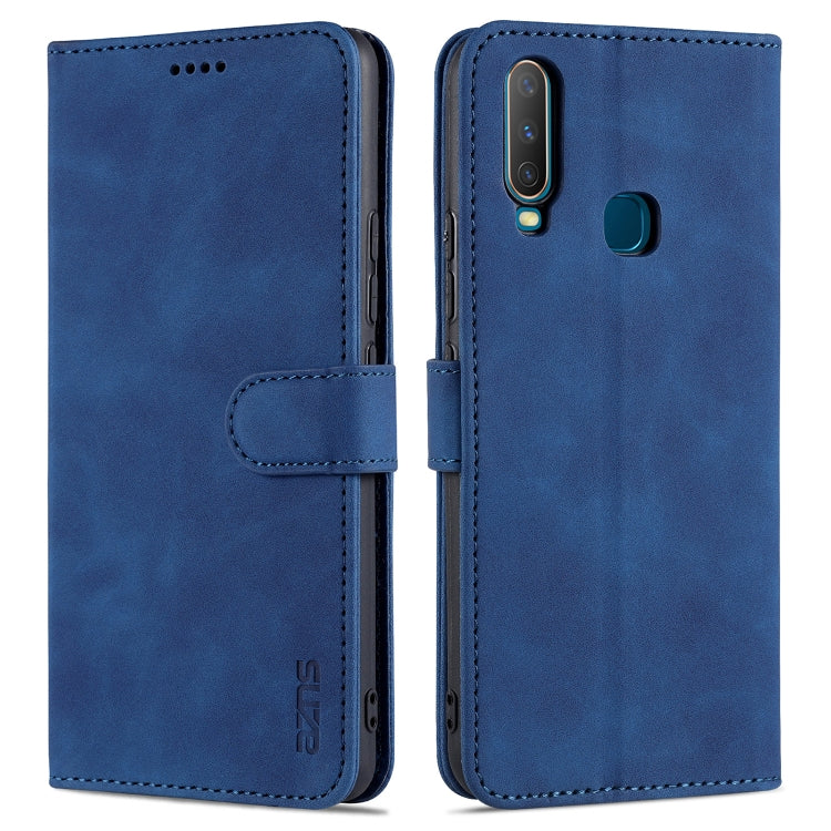 Blue leather flip phone case with card slots, holder strap, and camera cutout