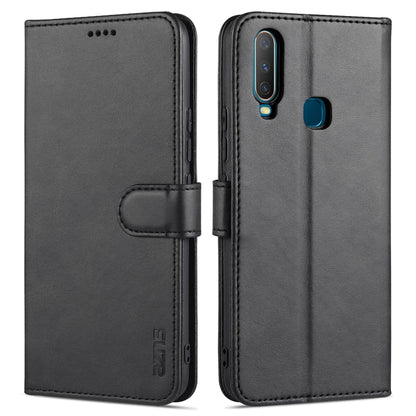Black leather flip phone case with card slots, holder strap, and camera cutout