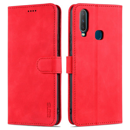 Red leather flip phone case with card slots, holder strap, and camera cutout