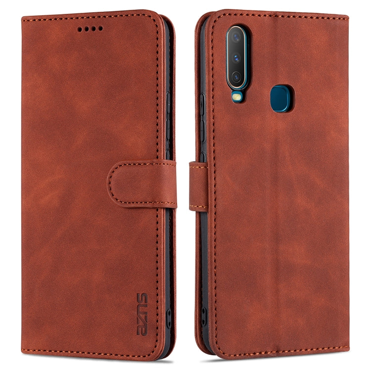 Tan/brown leather flip phone case with card slots, holder strap, and camera cutout