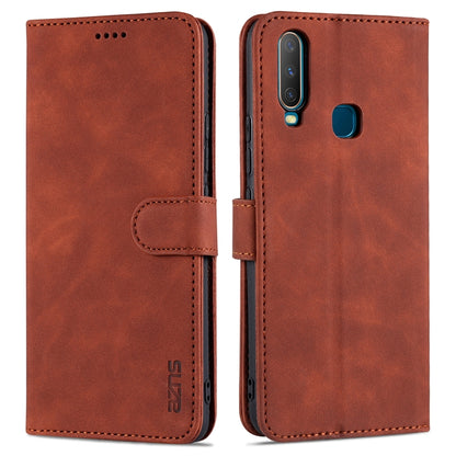 Tan/brown leather flip phone case with card slots, holder strap, and camera cutout