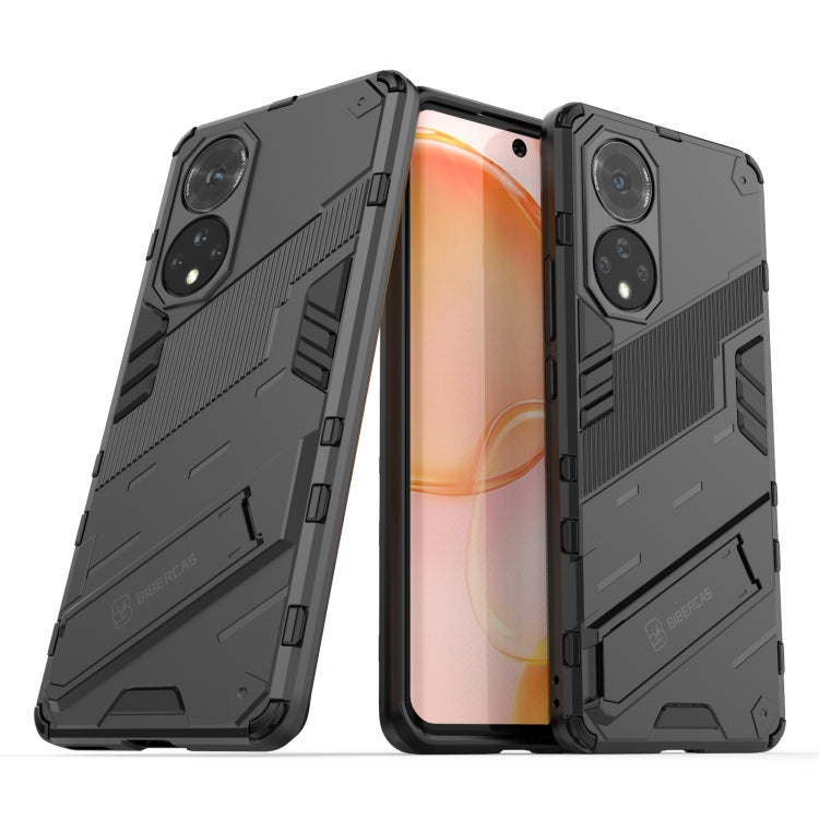 Black rugged dual-layer phone case, front and back views with cutouts