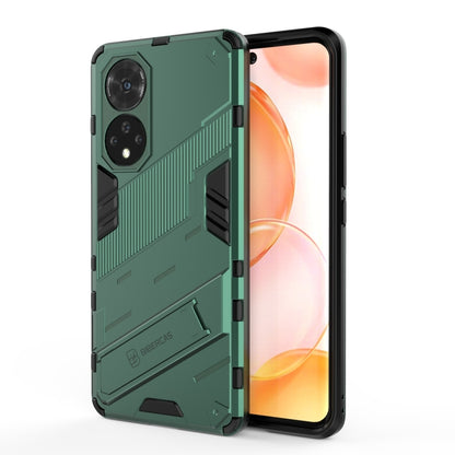 Rugged green shockproof phone case with textured armor, dual camera cutouts, side buttons