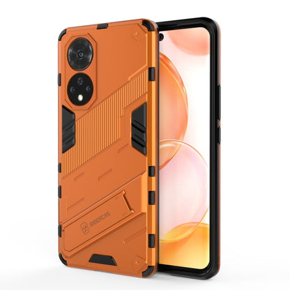 Rugged orange shockproof phone case with textured armor and dual camera cutouts