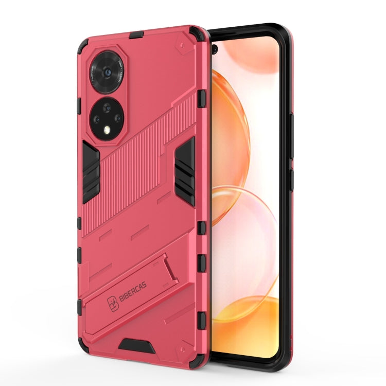 Rugged red shockproof phone case with textured armor, dual camera cutouts, button covers