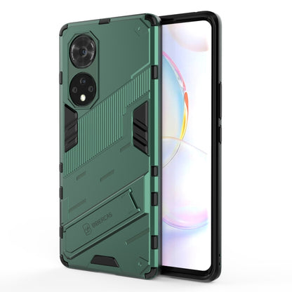 Rugged green shockproof phone case with textured grip, dual camera cutouts, protective frame