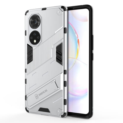 Rugged white shockproof phone case with textured grip, dual camera cutouts, raised bezel