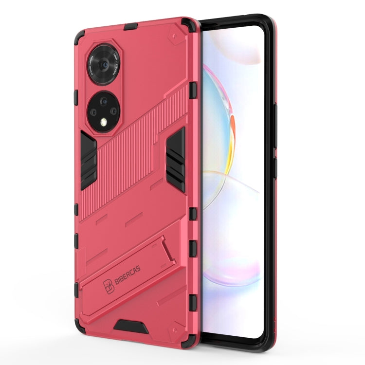 Rugged red shockproof phone case with textured grip, dual camera cutouts, protective frame