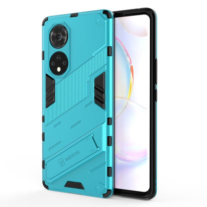 Rugged teal shockproof phone case with black bumper, side button cutouts, and camera openings