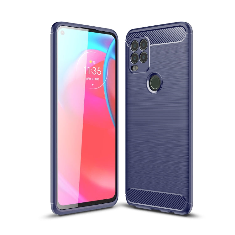 Blue brushed carbon fiber TPU phone case with raised camera bump and side buttons