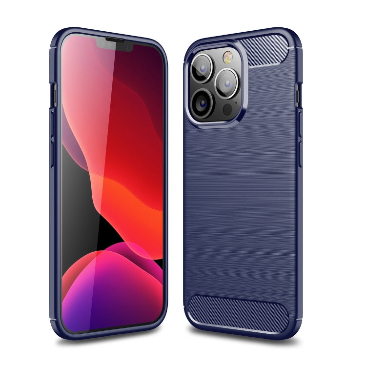 Blue brushed carbon fiber TPU phone case with raised camera opening and bottom grip