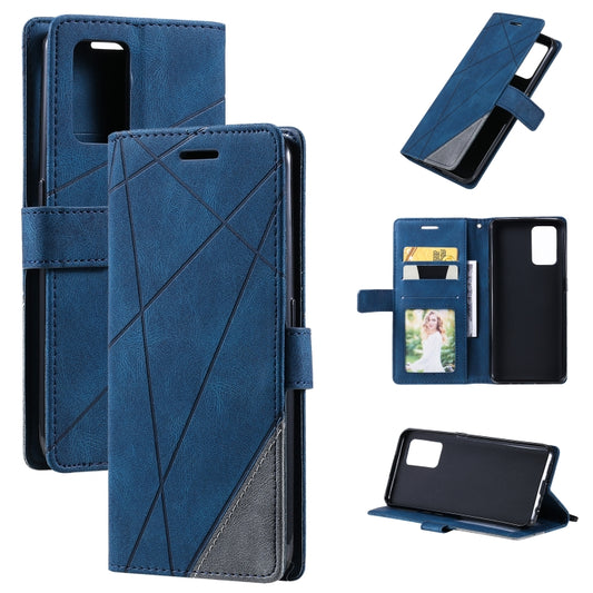Blue flip wallet phone case with card and photo slots, horizontal fold, with stand