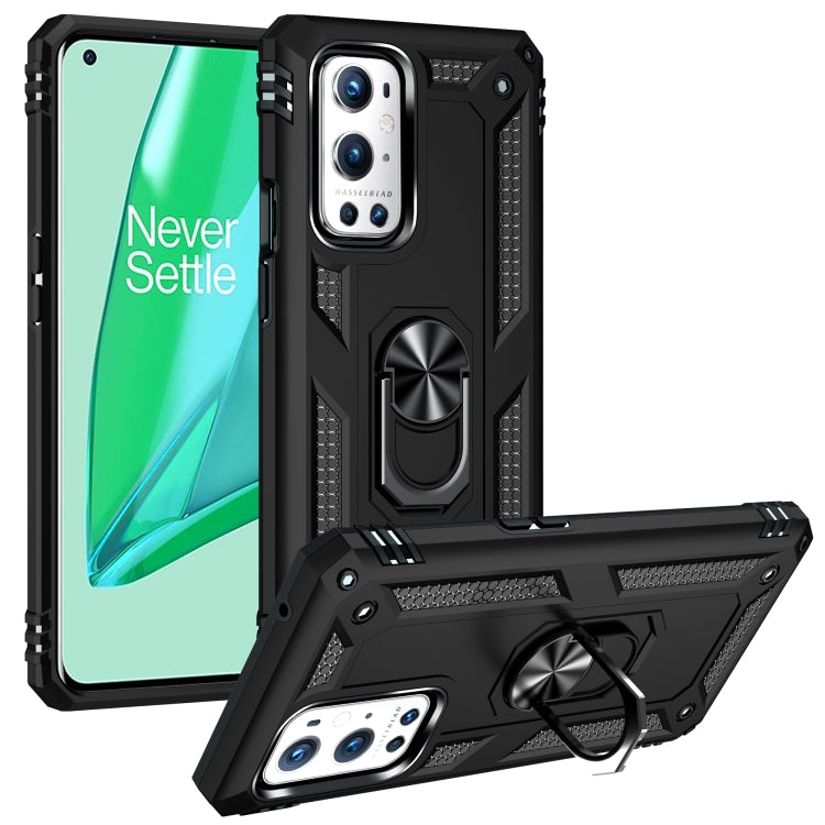 Rugged black protective phone case with built-in rotating ring kickstand