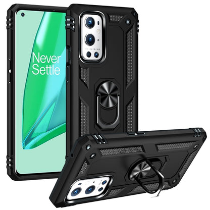Rugged black protective phone case with built-in rotating ring kickstand