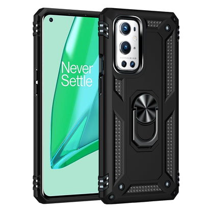 Rugged black protective phone case with rotating ring kickstand and raised edges