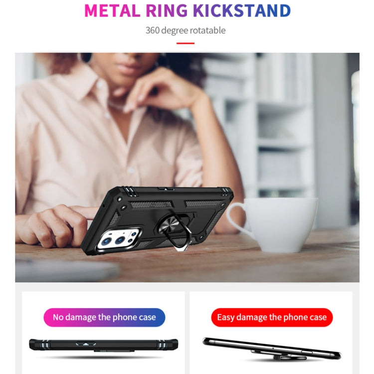 Black rugged phone case with metal ring kickstand for stable viewing