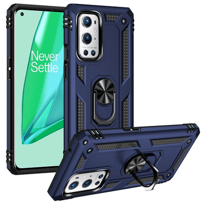 Shockproof phone case with kickstand ring, rotating holder; navy and black for OnePlus 9 Pro
