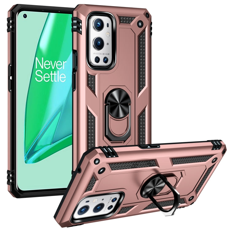 Shockproof phone case with kickstand ring, rotating holder; rose pink and black for OnePlus 9 Pro
