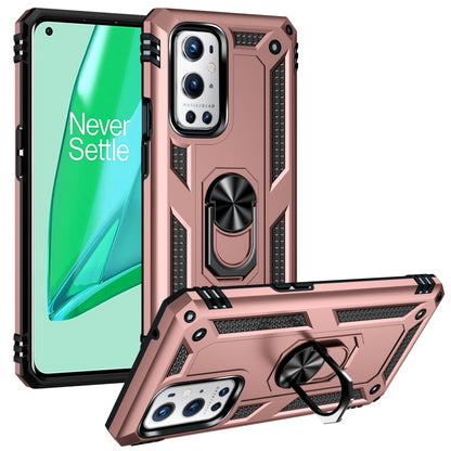 Shockproof phone case with kickstand ring, rotating holder; rose pink and black for OnePlus 9 Pro