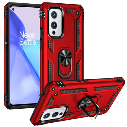 Rugged red protective phone case with rotating ring kickstand and textured grips