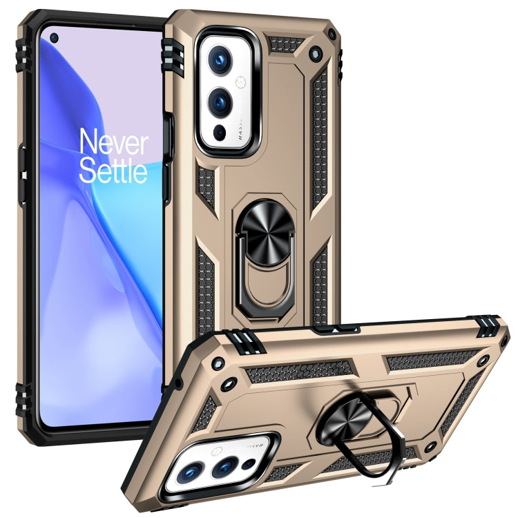 Shockproof phone case with kickstand ring, rotating holder; tan and black for OnePlus 9 Pro
