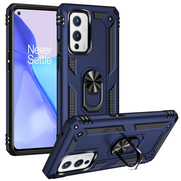 Shockproof phone case with kickstand ring, rotating holder; deep blue and black for OnePlus 9