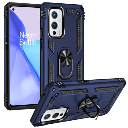 Shockproof phone case with kickstand ring, rotating holder; deep blue and black for OnePlus 9