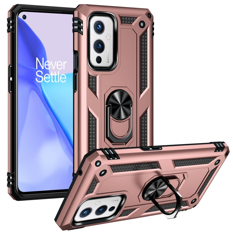 Shockproof phone case with kickstand ring, rotating holder; rose pink and black for OnePlus 9