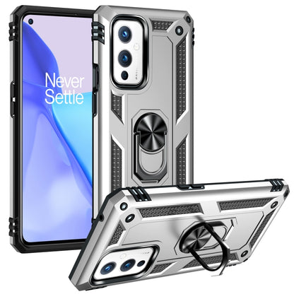 Shockproof phone case with kickstand ring, rotating holder; silver and black for OnePlus 9 Pro