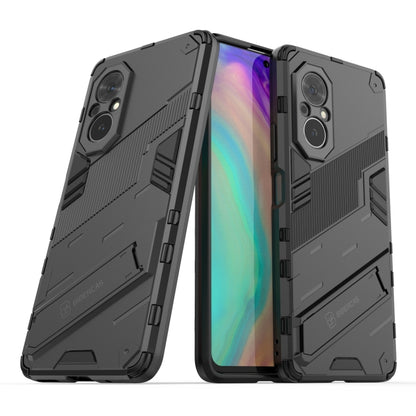 Gray shockproof phone case with invisible holder; dual-layer PC + TPU armor, side view.
