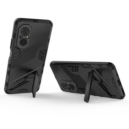 Black shockproof phone case with kickstand and invisible holder; PC + TPU rugged armor.