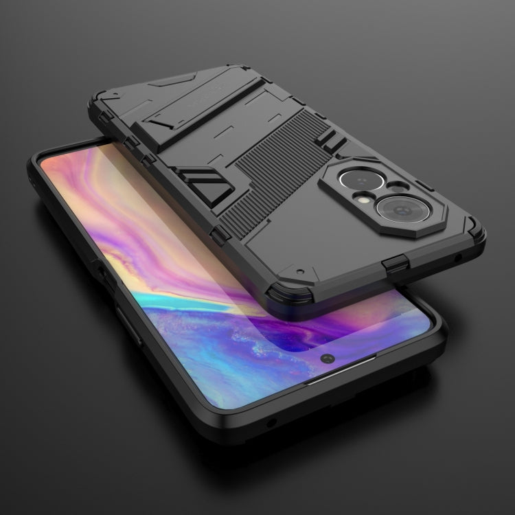 Dark gray shockproof phone case with invisible holder; raised edges protect camera area.