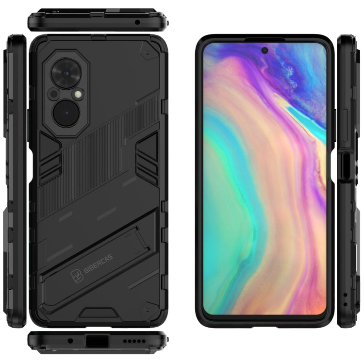 Black rugged phone case with invisible holder; front and back views, PC + TPU armor.