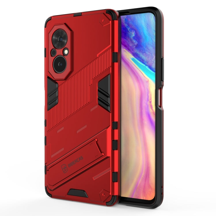 Red shockproof phone case with invisible holder; dual-layer PC + TPU rugged armor.