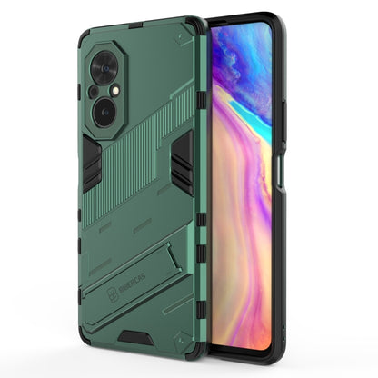 Green shockproof phone case with invisible holder; dual-layer PC + TPU rugged armor.