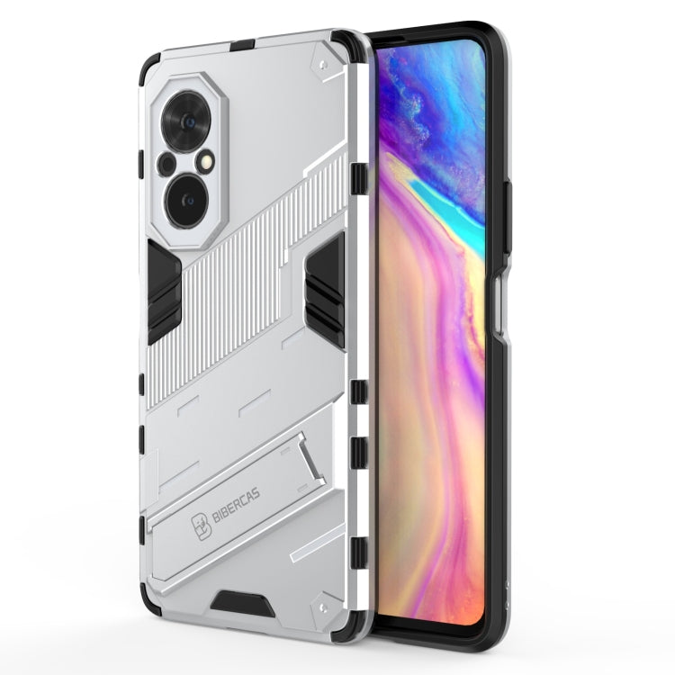 White shockproof phone case with invisible holder; PC + TPU dual-layer armor.